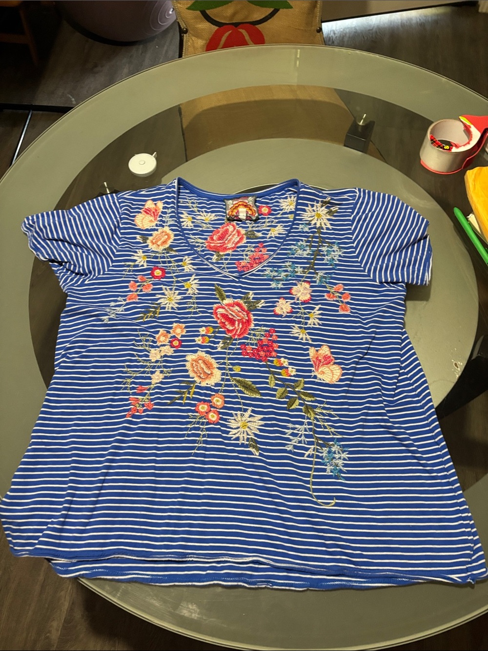 Johnny Was Blue & White Striped Embroidered Floral V-Neck Top xl